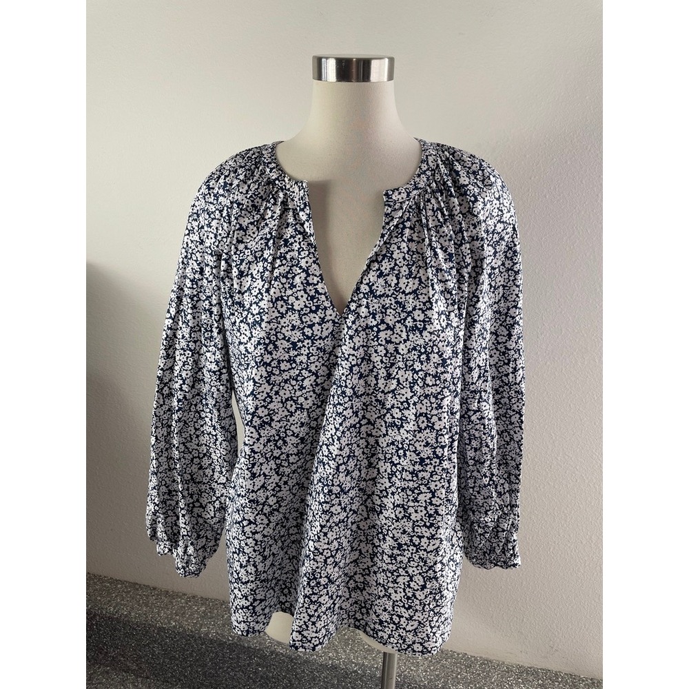 Old Navy Womens XL Floral Blouse Navy Blue‎ White Cotton Split Neck Long Sleeve